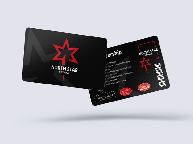 Front and back mockup of the North Star Rewards membership card design