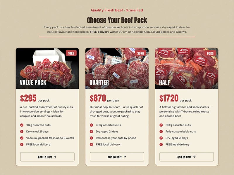 Pitchford Farms beef pack pricing page showing value, quarter and half pack options