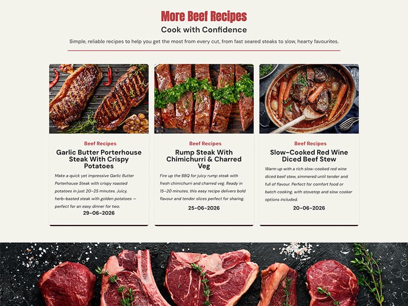 Pitchford Farms recipes page with beef recipe cards for customers
