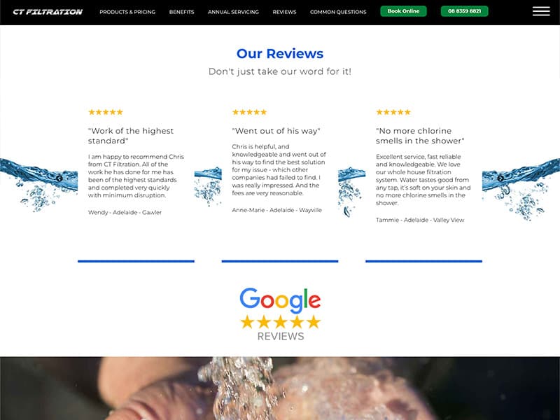 CT Filtration reviews page displaying five-star Google customer ratings