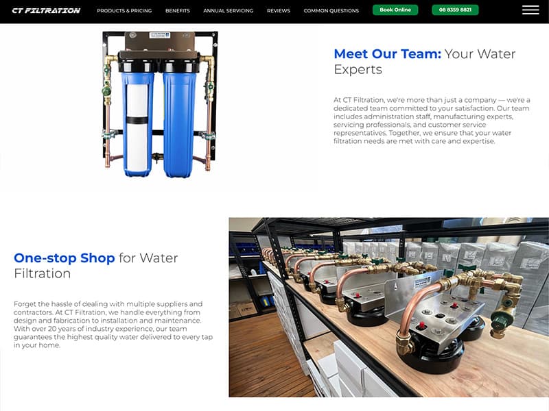 CT Filtration product page showcasing whole-house filtration and reverse osmosis bundle