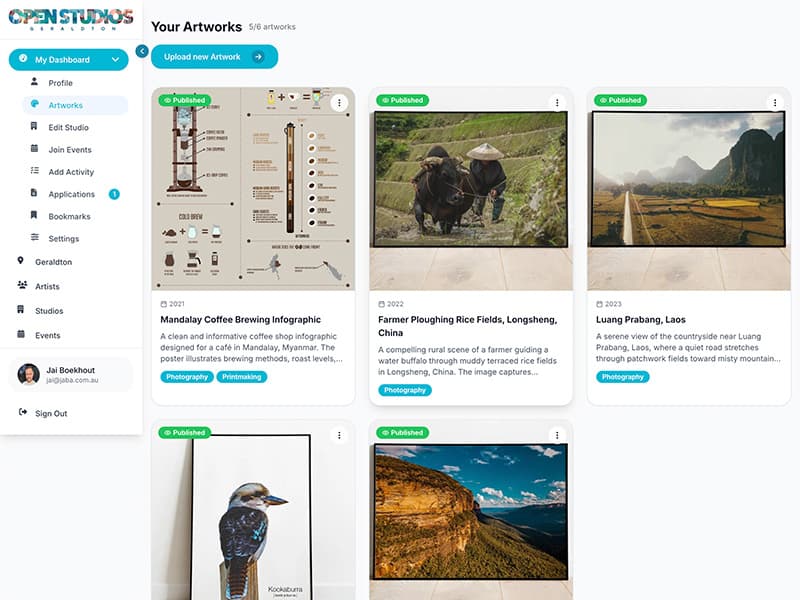 Open Studios Australia artist dashboard for uploading and managing artwork listings