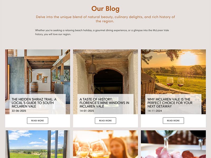 Shadow Creek Winery blog page featuring a McLaren Vale coastline sunset photo