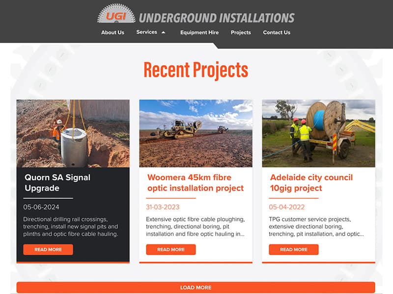 Underground Installations plant hire page listing rock saws and trenching equipment
