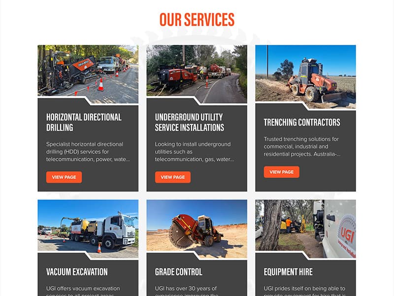 Underground Installations services page listing directional drilling and trenching contractors