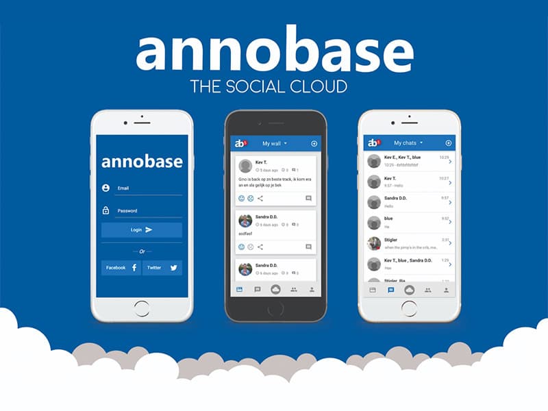 Annobase social cloud app screens shown on smartphone mockups