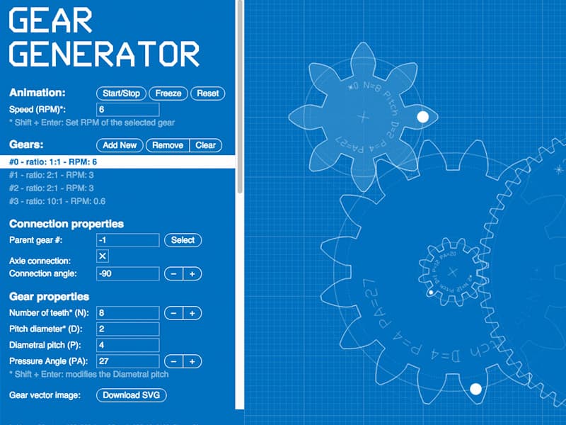 "Gear Generator" software interface used to design the laser-cut gear layout