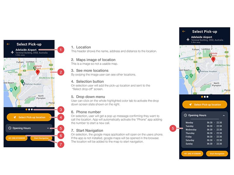 Annotated UX walkthrough of the Evolve Car Rental pick-up location selection screen