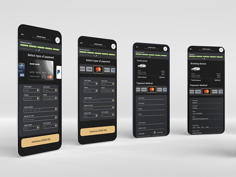 Evolve Car Rental app screen flow showing vehicle selection and booking steps