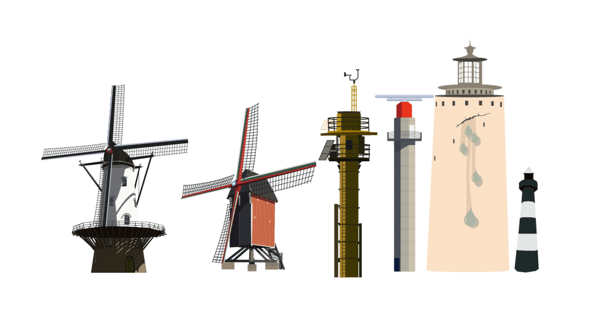 Vector illustration of historic Dutch windmills and lighthouses from West-Zeeuws Vlaanderen