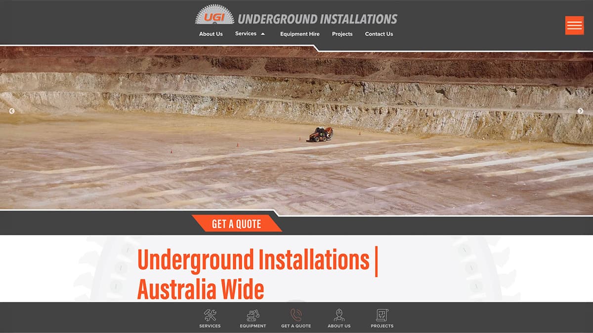 Underground Installations website homepage banner showing an excavation site