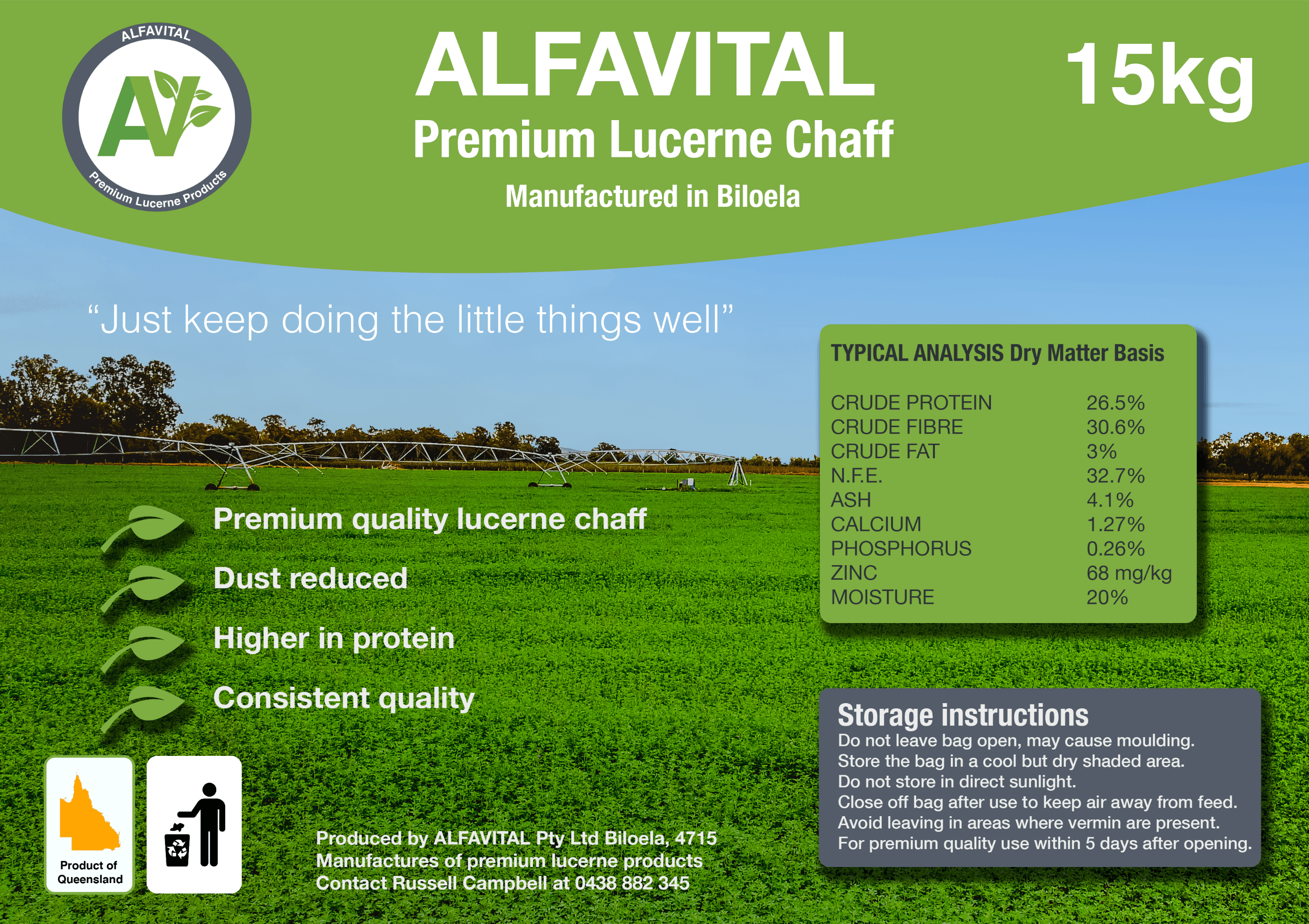 Alfa Vital premium lucerne chaff packaging design with product analysis and storage details